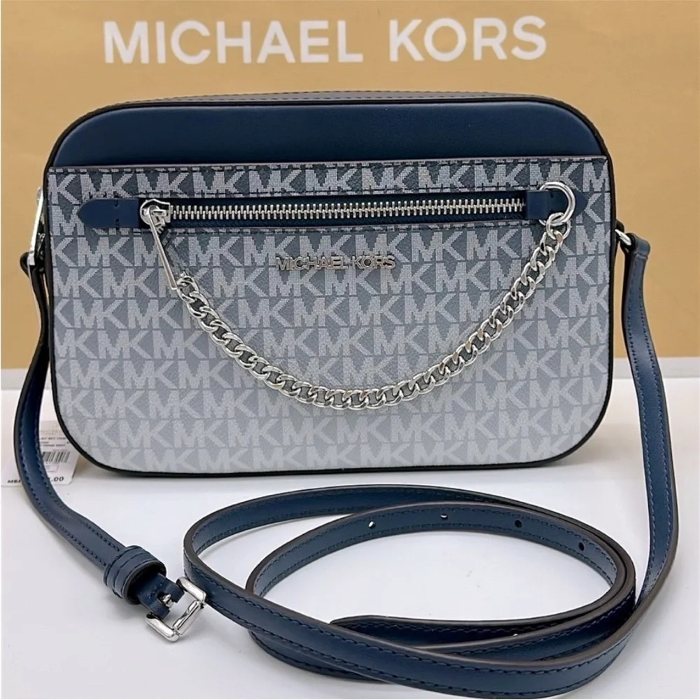 Michael Kors Jet Set Large Ombré Signature Logo East West Crossbody Navy color - Picture 7 of 13